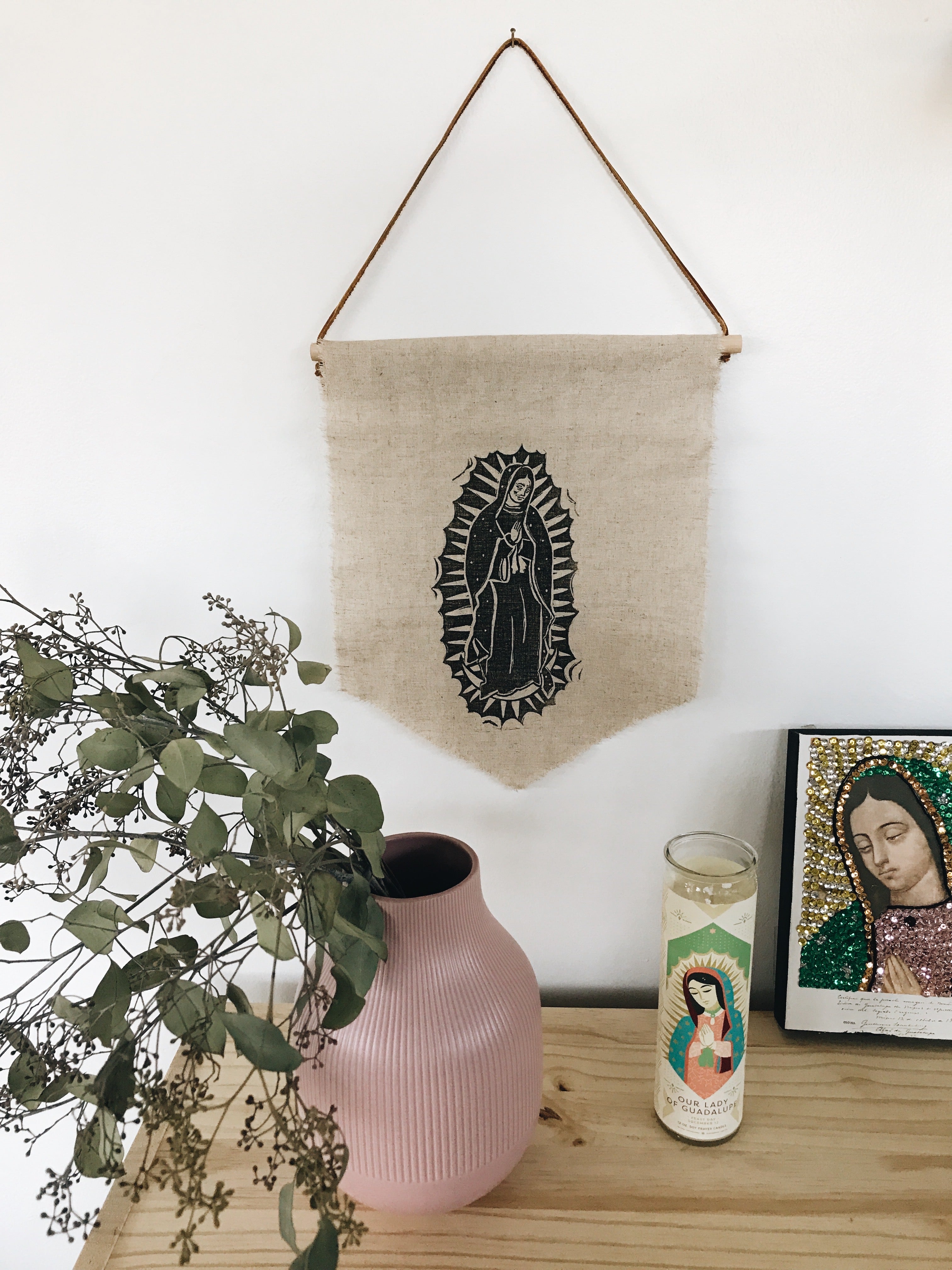 Hand Printed Our Lady of Guadalupe Linen Banner