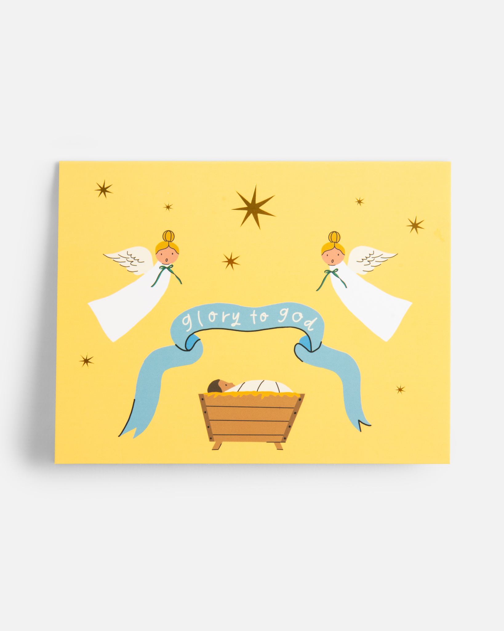 Christian Christmas card set with gold-foil Nativity illustrations featuring baby Jesus in the manger, angels, Holy Family, and starry sky. Includes 12 religious Christmas cards with envelopes in a keepsake box—perfect for faith-based holiday greetings and Christ-centered Christmas traditions.