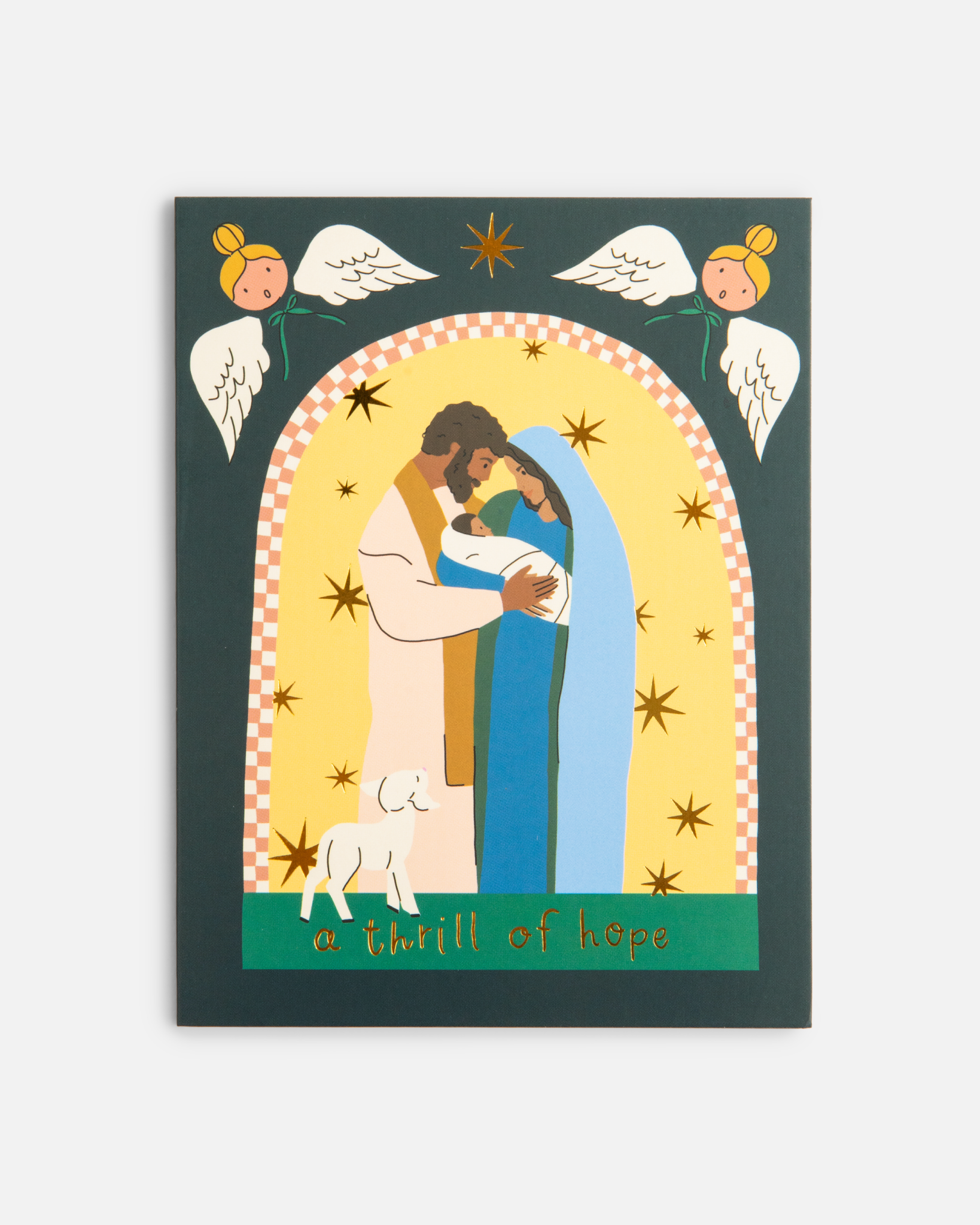Christian Christmas card set with gold-foil Nativity illustrations featuring baby Jesus in the manger, angels, Holy Family, and starry sky. Includes 12 religious Christmas cards with envelopes in a keepsake box—perfect for faith-based holiday greetings and Christ-centered Christmas traditions.