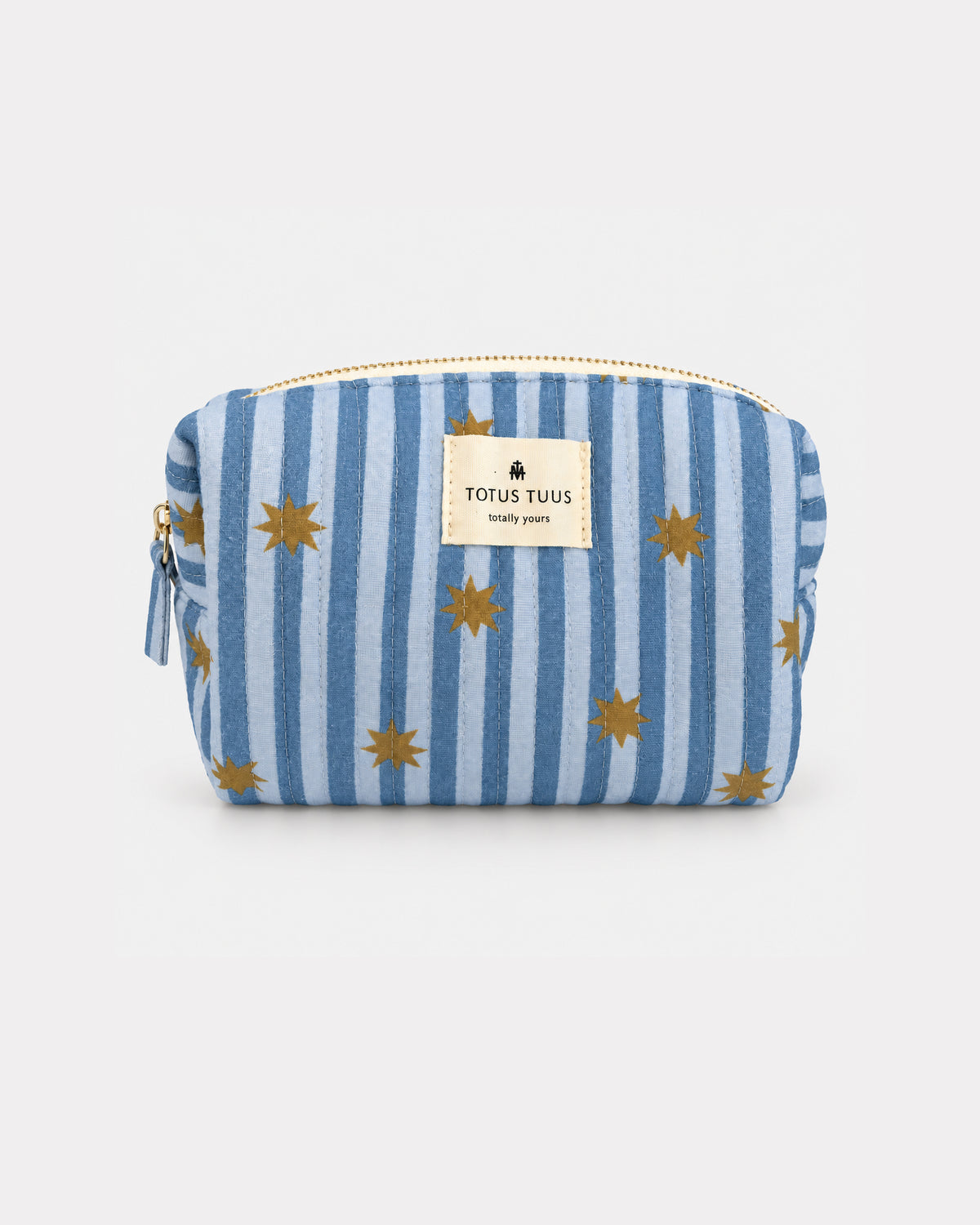 Marian Stars Striped Quilted Make Up Bag in blue and white stripes with gold stars and a Totus Tuus label