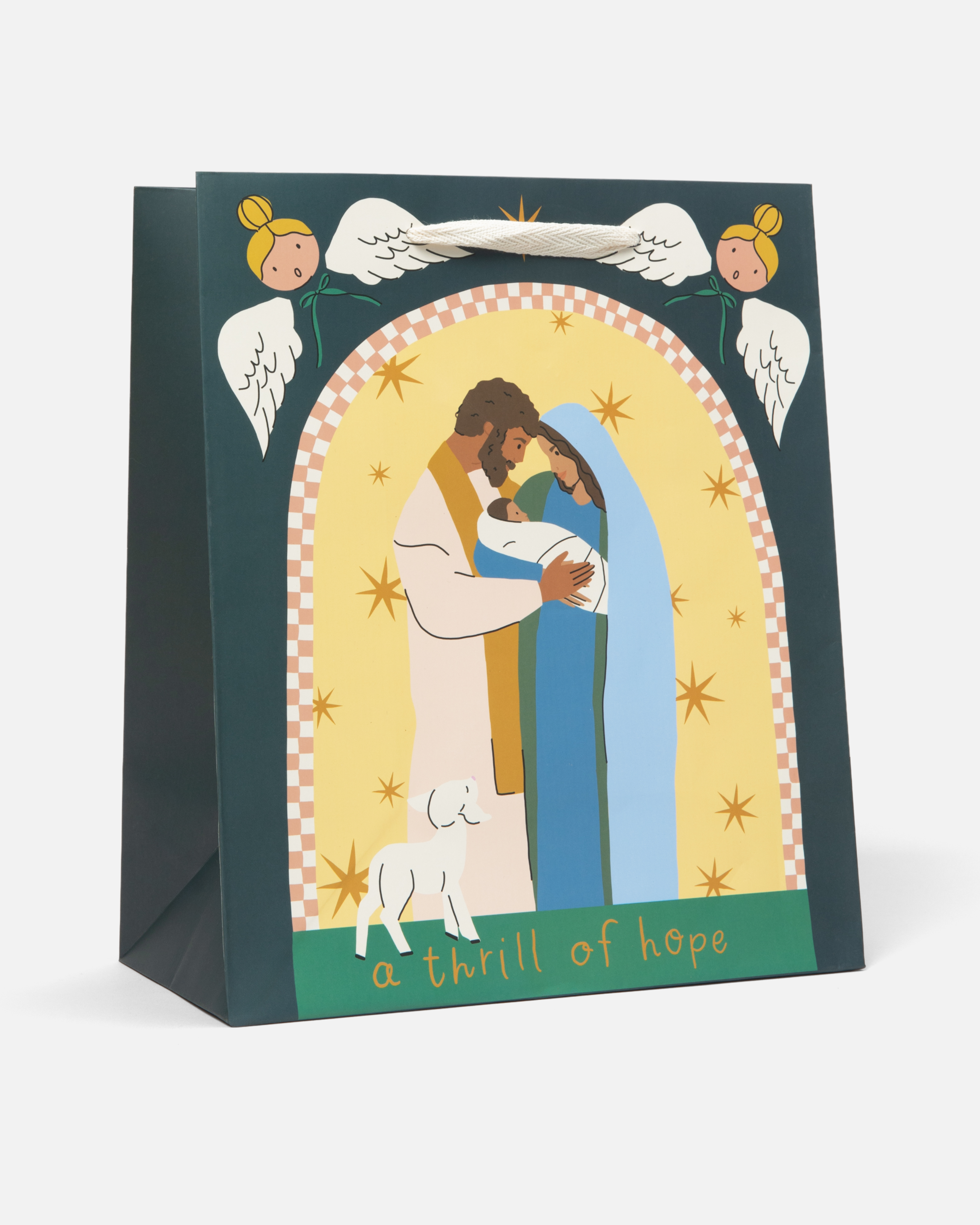 A Thrill of Hope Christmas gift bag set with Nativity illustration of Mary, Joseph, and baby Jesus, angels, and starry sky. Includes 5 bags in 3 sizes with cotton ribbon handles and matching gift tags.