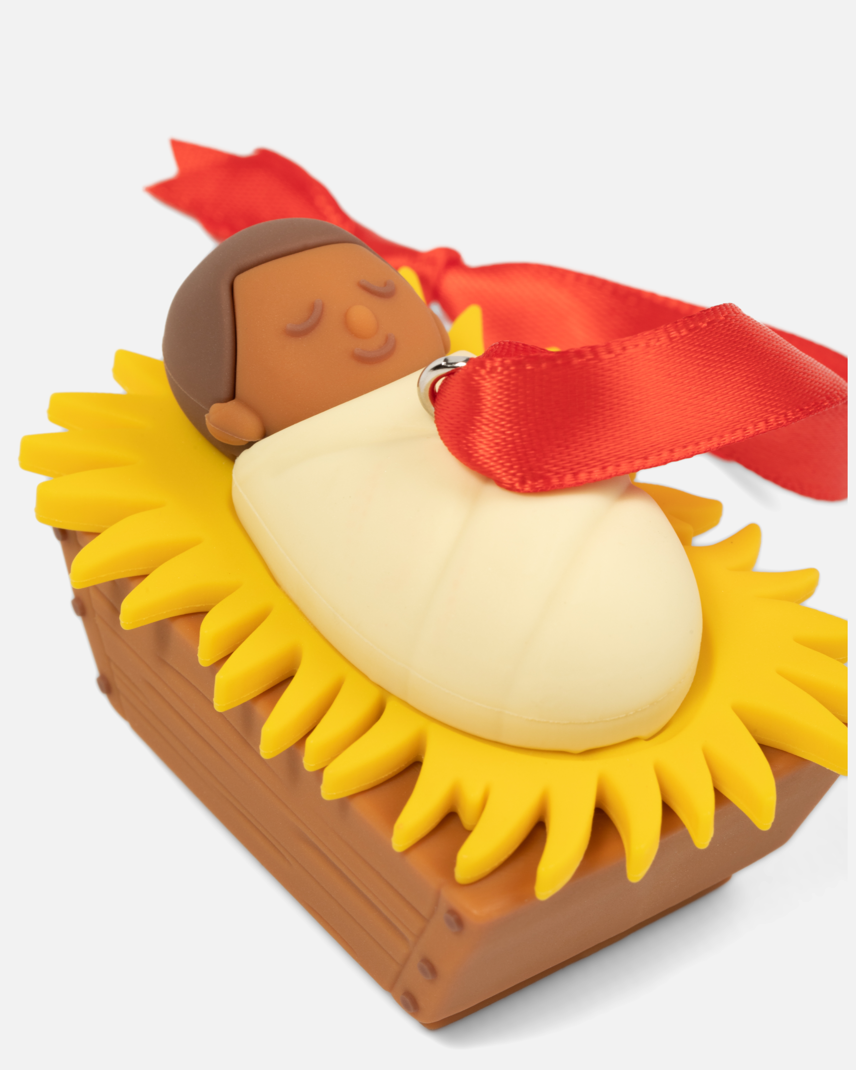 Baby Jesus Christmas ornament made of shatterproof resin with red ribbon, ideal holiday gift for children.