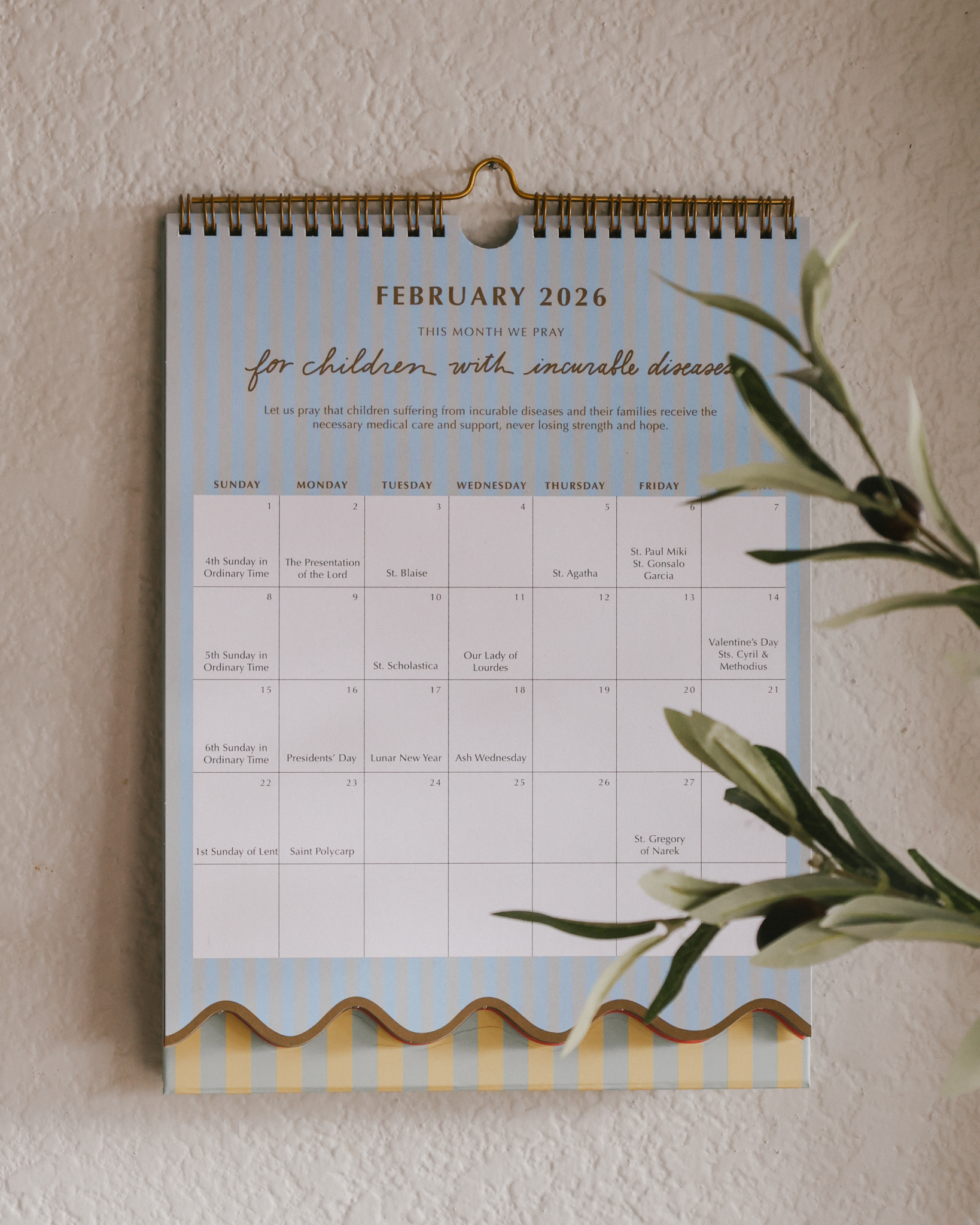 2026 Catholic liturgical calendar with colorful stripes, monthly prayers by Pope Francis, and all feast days and US holidays. Available as wall calendar or wall + desk stand combo.