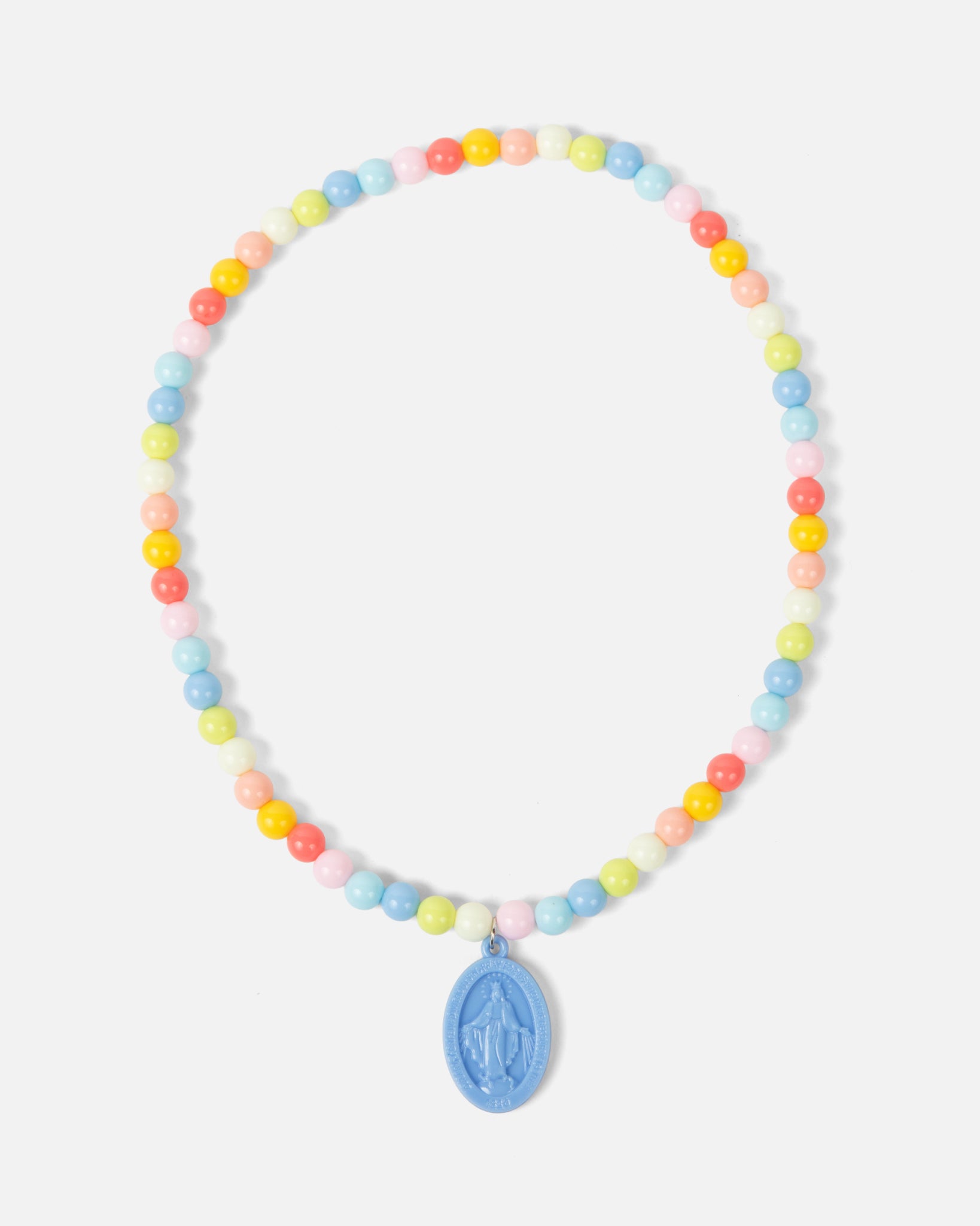 Children’s Miraculous Medal necklace with soft blue medal and colorful plastic beads on elastic strand. Christian kids’ jewelry for Marian devotion, First Communion, or faith-based gifts, reminding children of Mary’s protection and intercession.