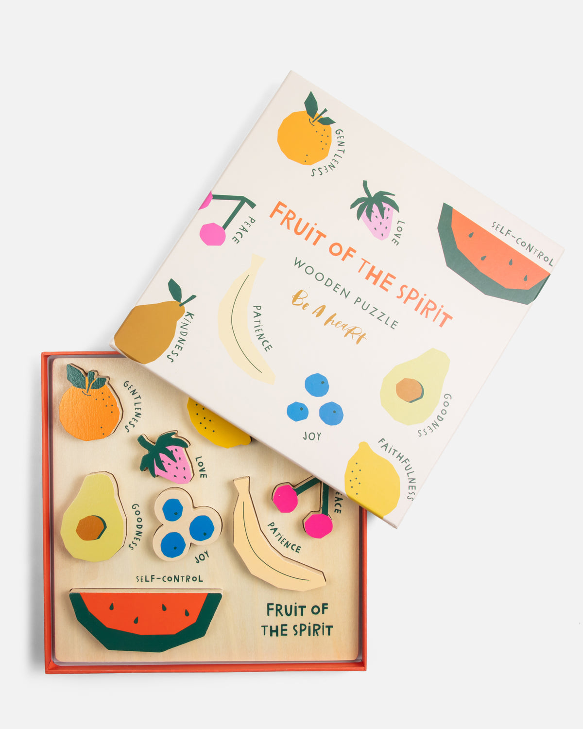 Fruit of the Spirit puzzle with its gift box, a Christian toy for babies and toddlers