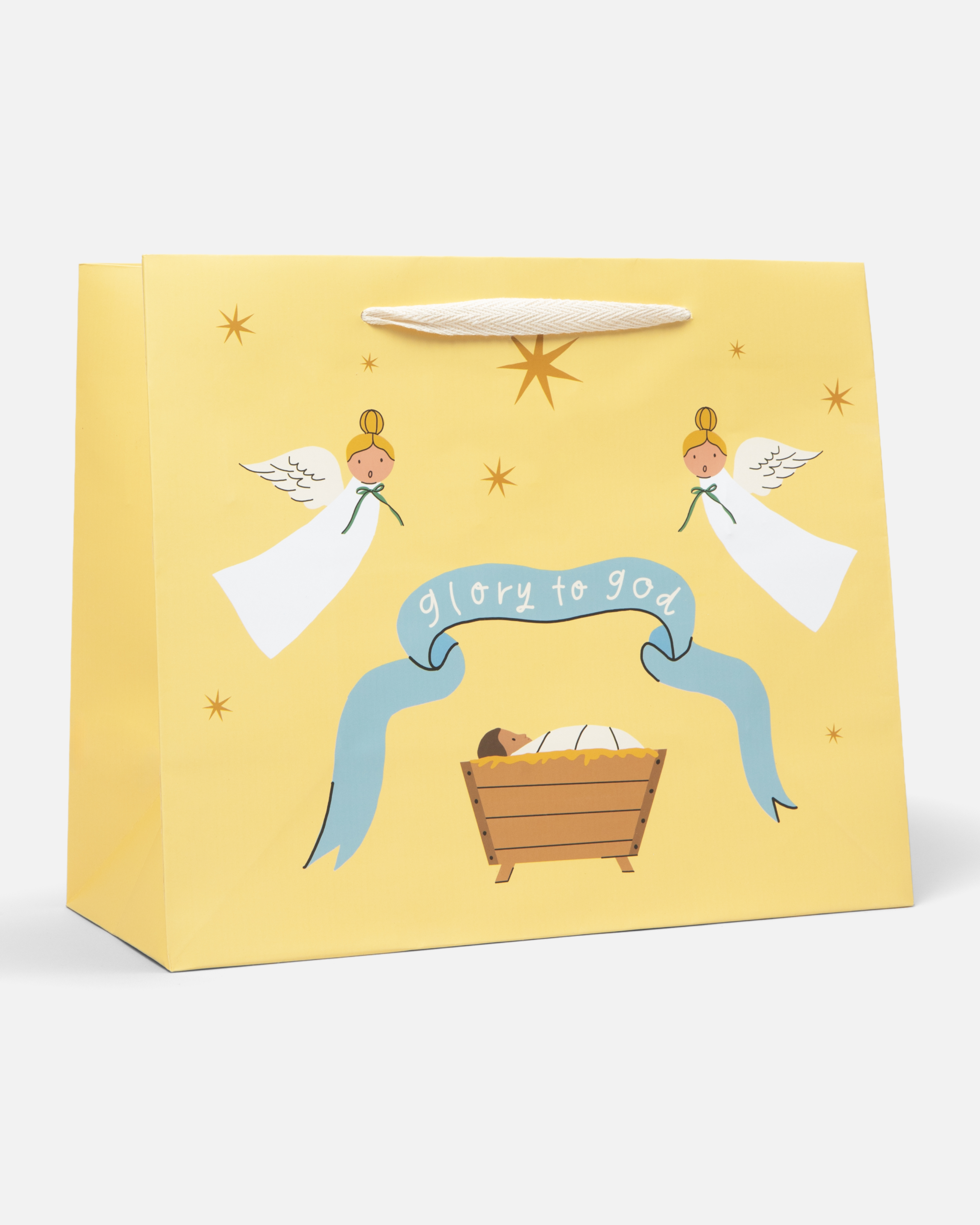 Glory to God Christmas gift bag set with baby Jesus in the manger, angels, and starry sky design. Includes 5 bags in 3 sizes with cotton ribbon handles and matching gift tags.