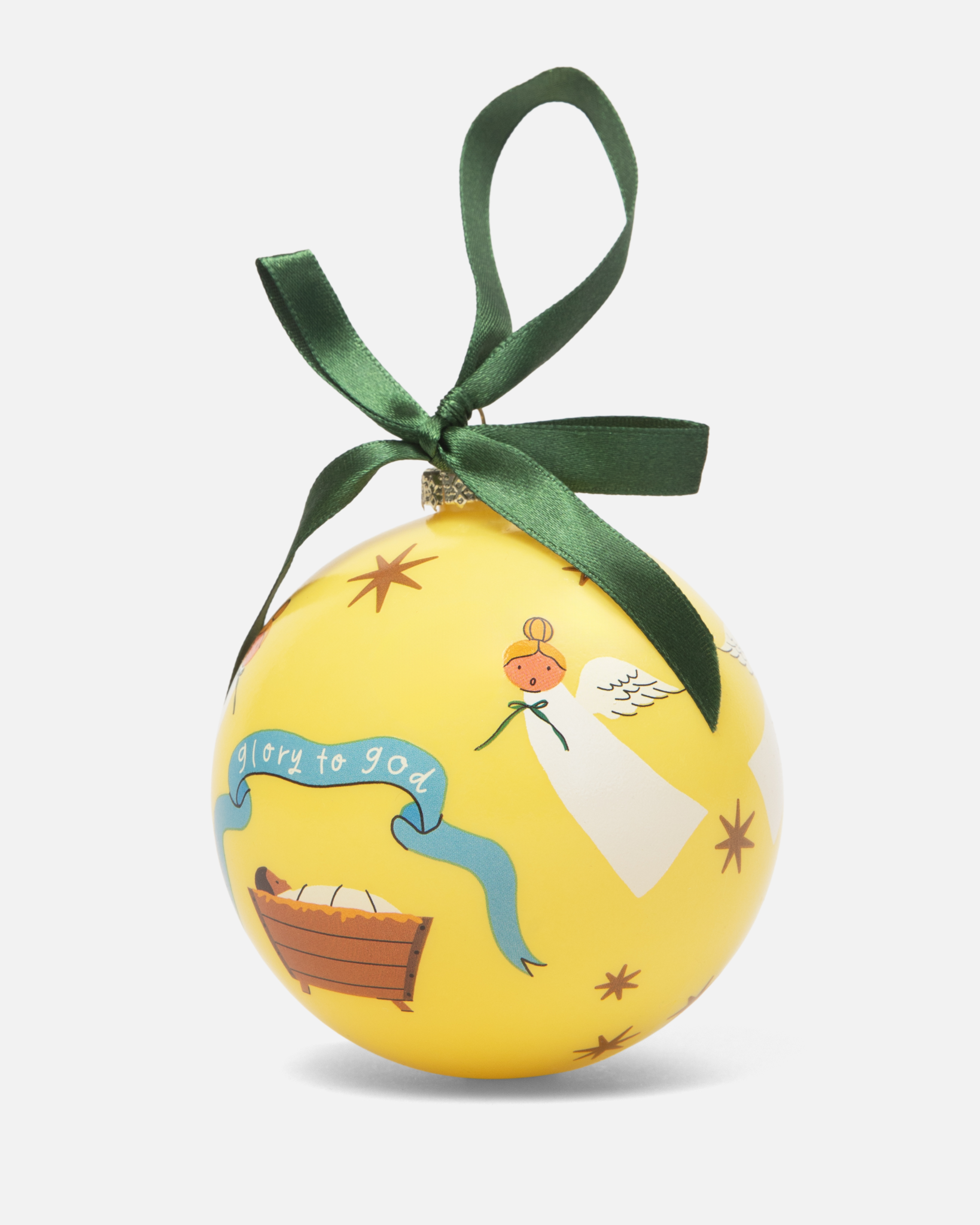 Glory to God Christmas ornament showing baby Jesus in the manger surrounded by angels, with satin ribbon hanger. Made of shatterproof plastic, ideal for families.