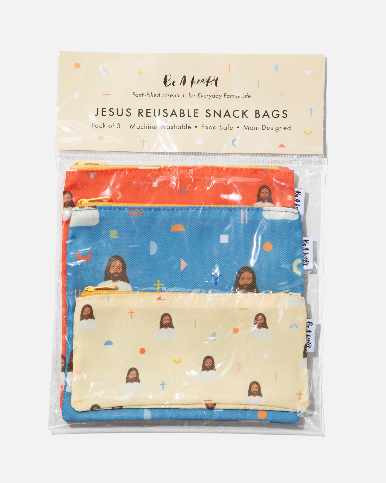 Reusable Jesus snack bags for kids with faith-based designs, eco-friendly and food-safe. Set of 3 durable, BPA-free, dishwasher-safe bags perfect for school lunches, snacks, sandwiches, and travel—Christian kids’ lunch accessories that teach love of Jesus in daily routines.
