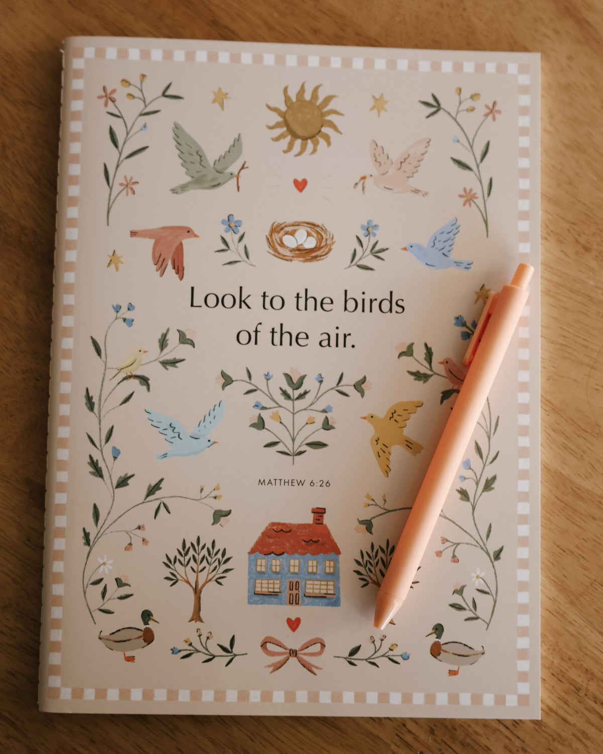 Look to the Birds of the Air Christian journal with a pen, cream folk art cover