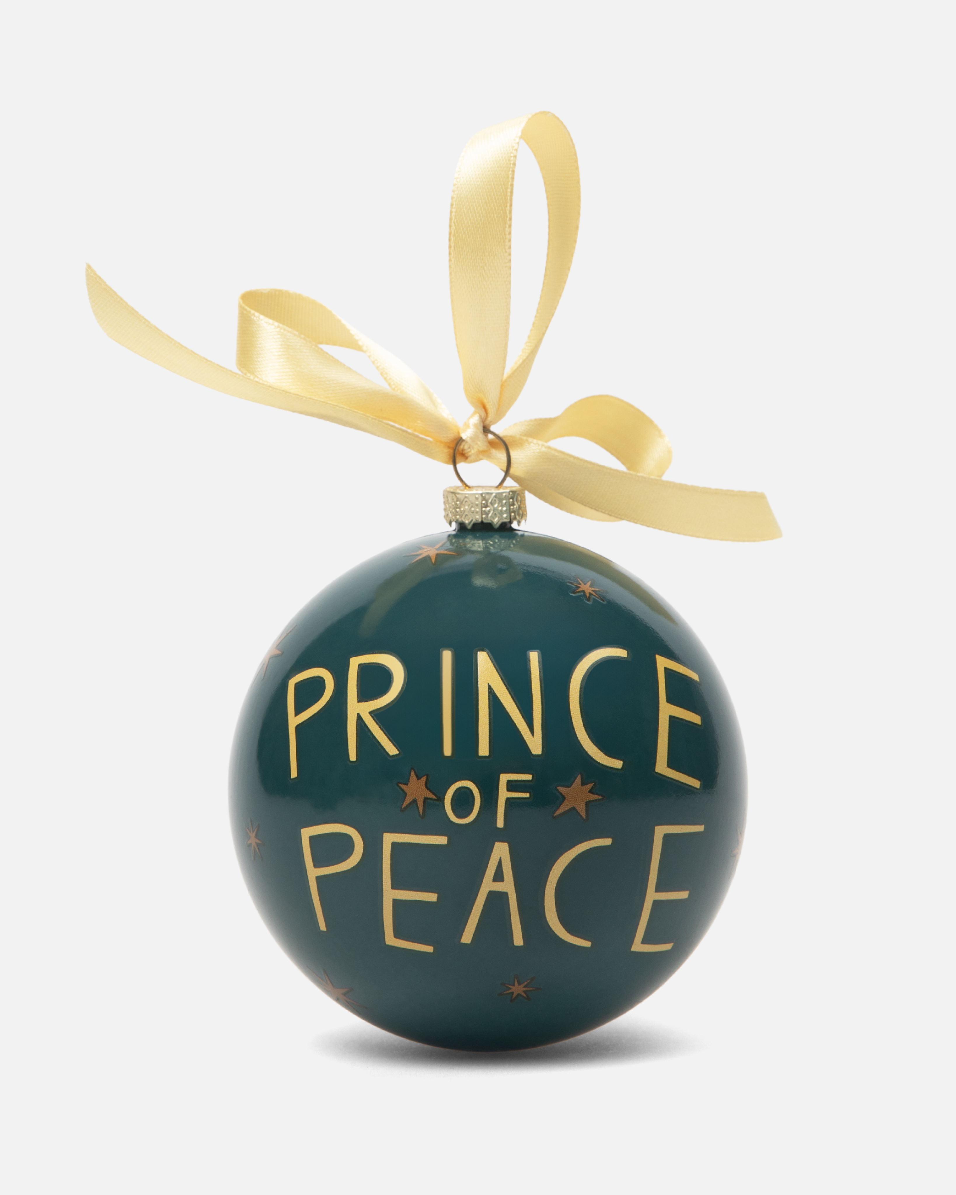 Prince of Peace Christmas ornament with hand-drawn Holy Family—Mary, Joseph, and baby Jesus. Shatterproof plastic with satin ribbon, ideal for families and gifting.