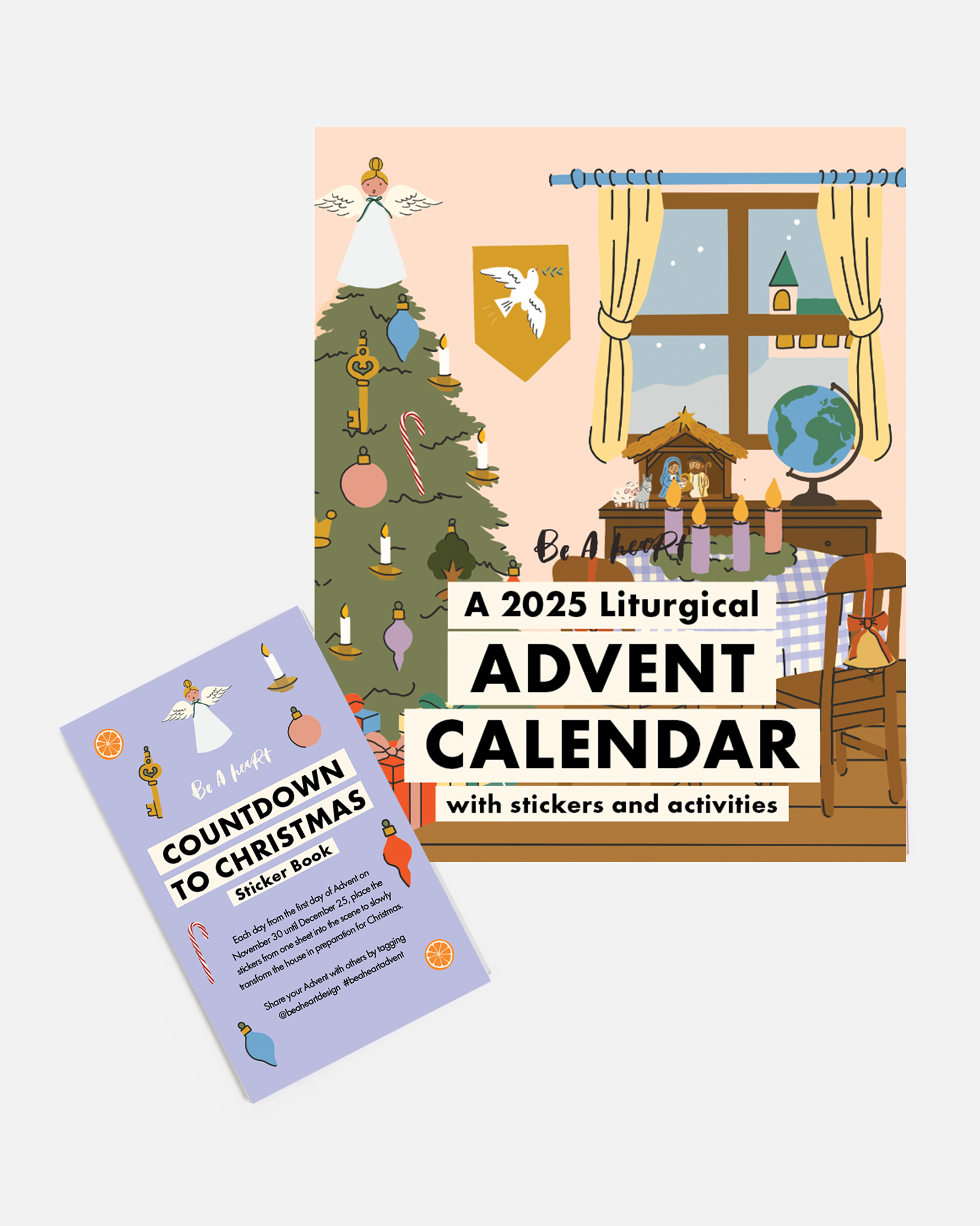 Liturgical Advent Calendar with illustrated scene and 26 sticker sheets, teaching children about Advent, feast days, and Christmas traditions. Suitable for ages 4+.