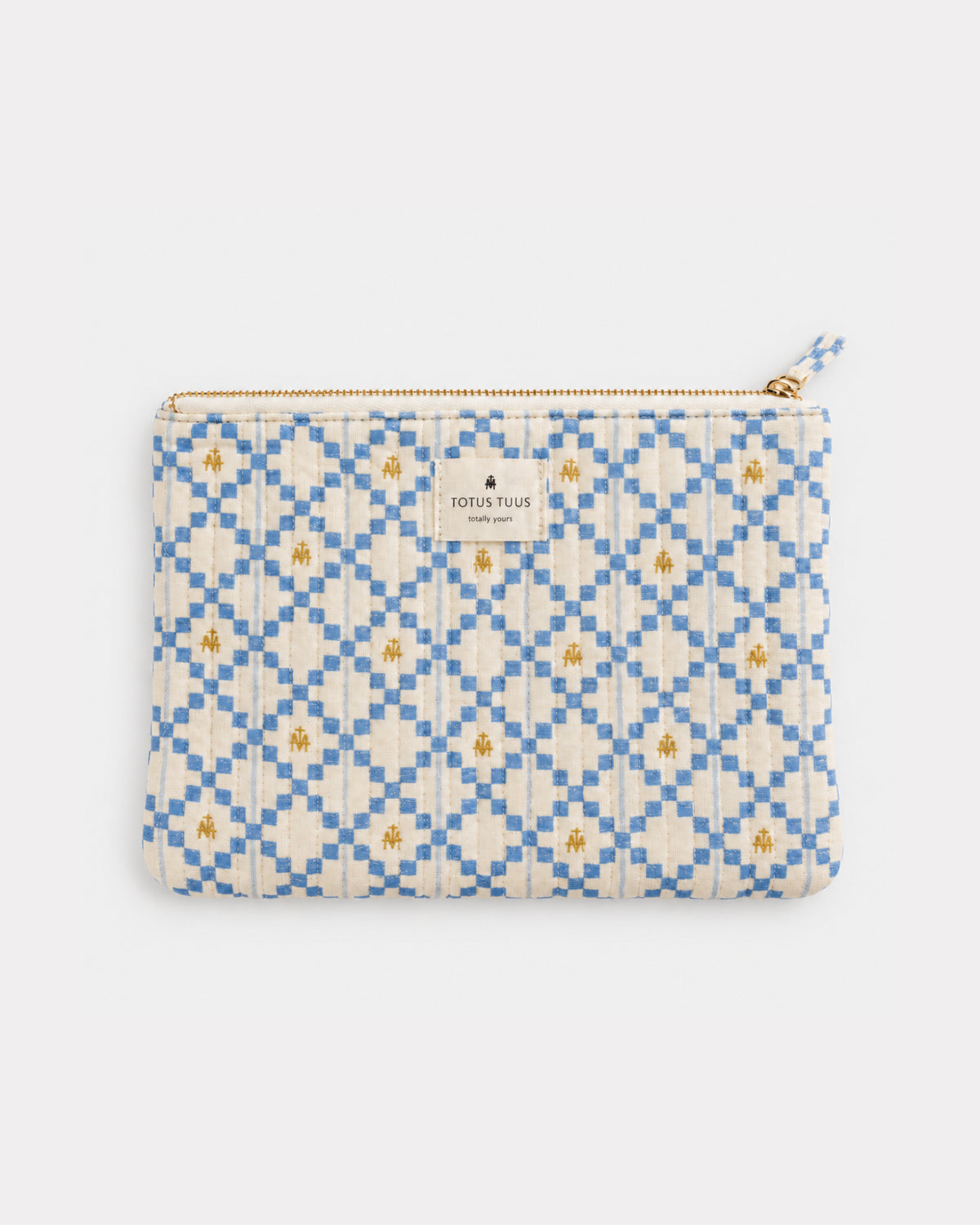 Marian Quilted Flat Zipper Pouch in blue and cream check with gold Marian monograms and a woven Totus Tuus label