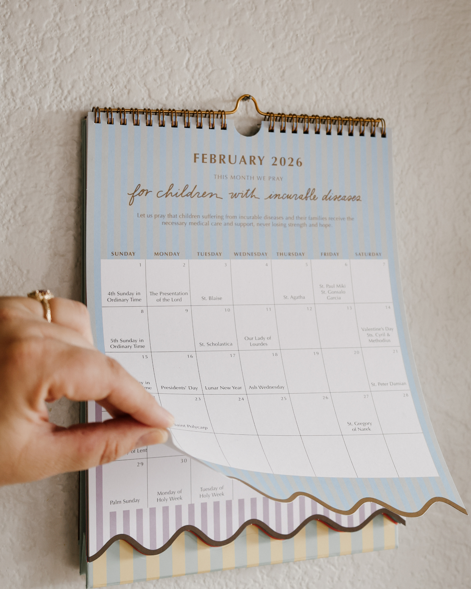 2026 Catholic liturgical calendar with colorful stripes, monthly prayers by Pope Francis, and all feast days and US holidays. Available as wall calendar or wall + desk stand combo.