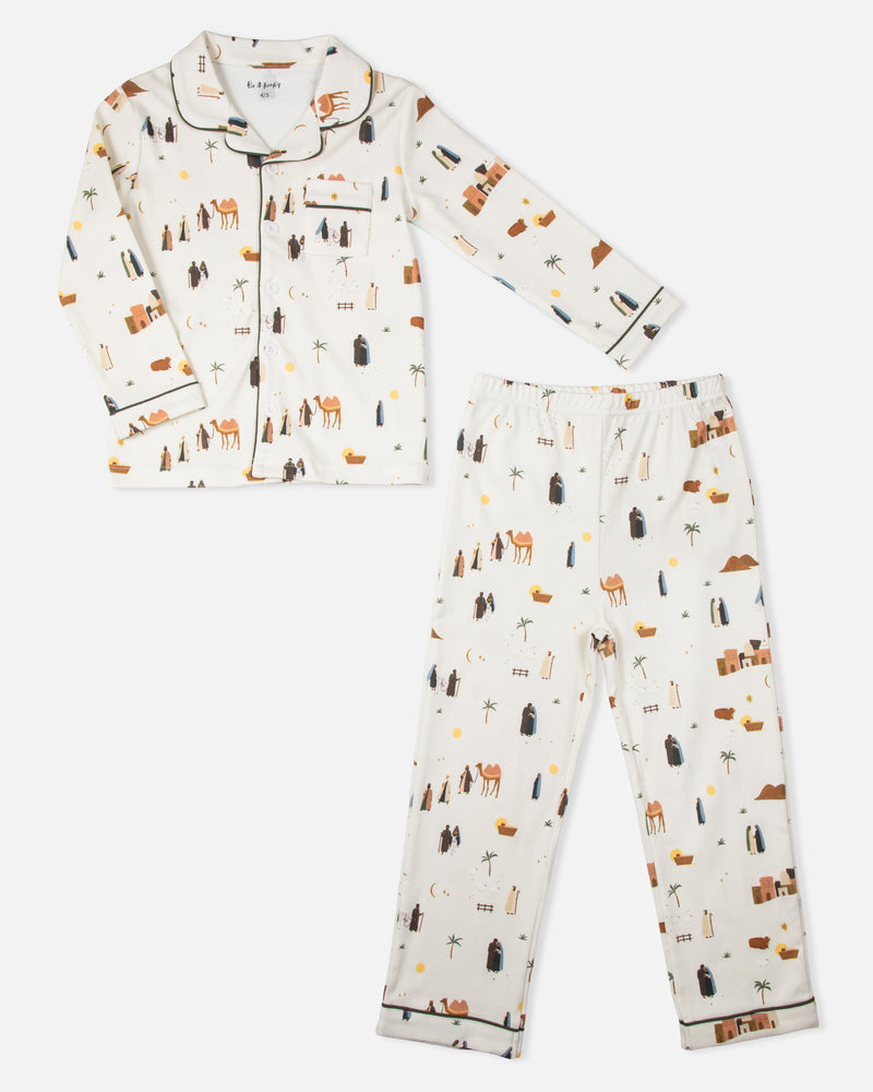 Christmas Nativity button down pajamas for kids with Bethlehem and Nativity print