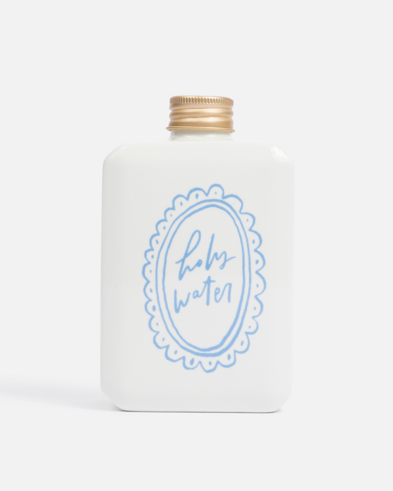 Ceramic Holy Water Bottle with cobalt blue lettering and gold cap