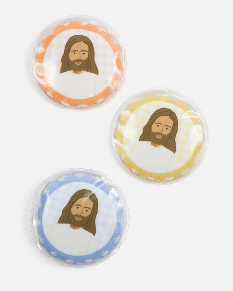 Jesus Heals Hot and Cold Ice Packs, set of 3 round gel packs in orange, yellow and blue gingham