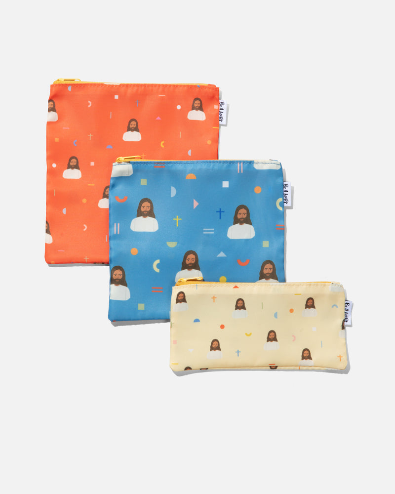 Jesus Reusable Snack Bags set of 3 in orange, blue and cream