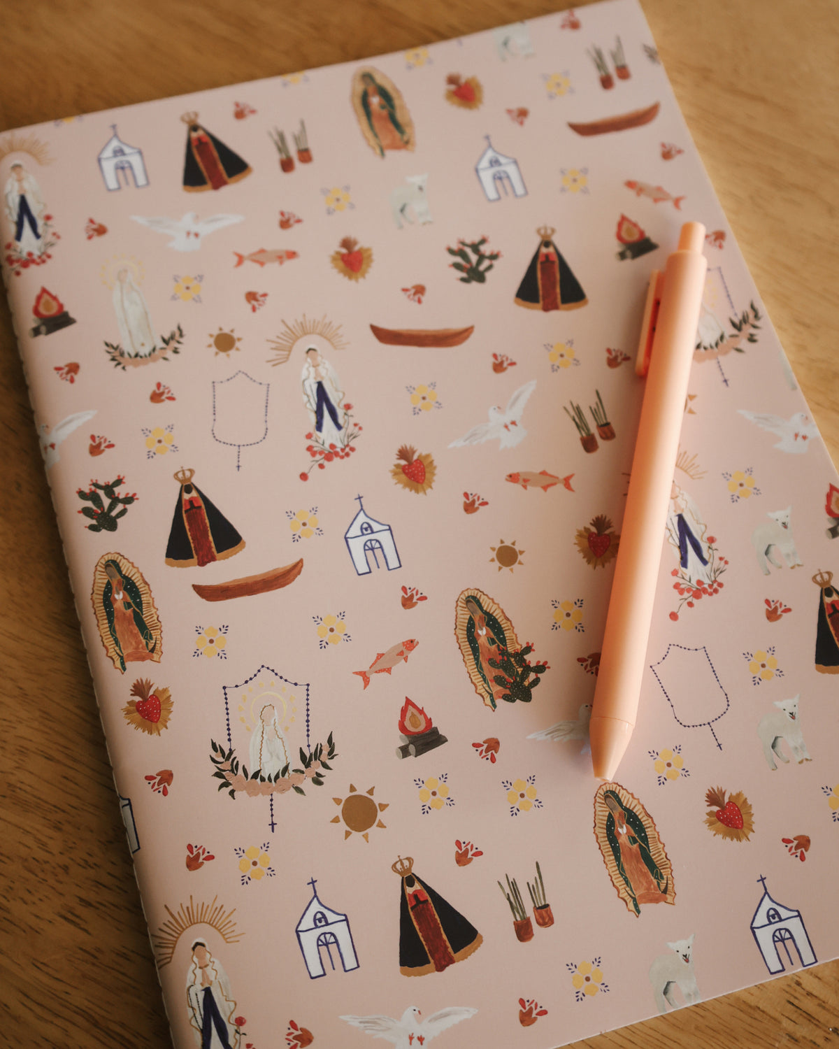 Marian Journal with Our Lady pattern cover and a pen, a Catholic prayer journal for women