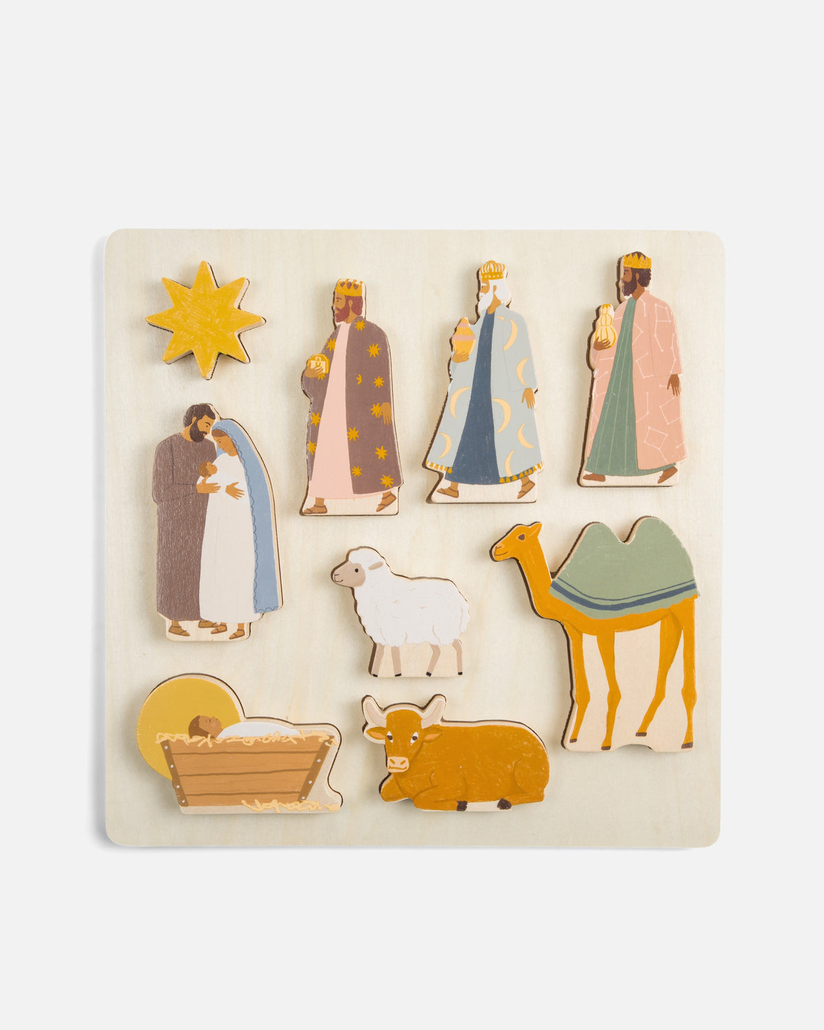 Nativity Wooden Puzzle with Holy Family, three kings, camel, sheep, ox, manger and star