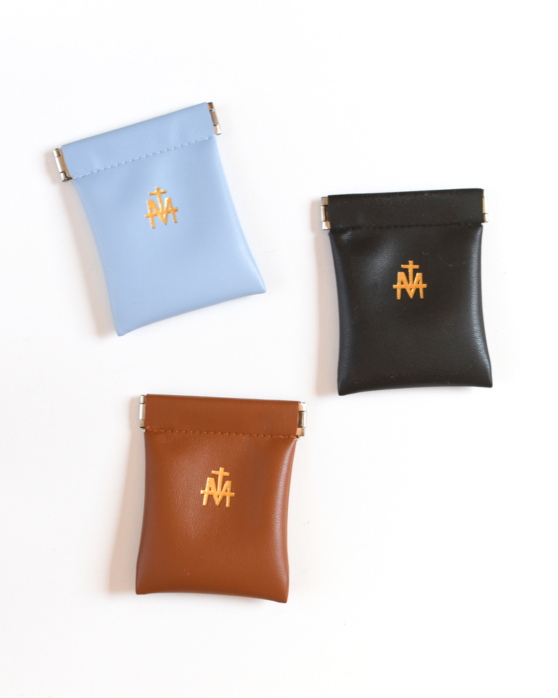 Vegan leather rosary holders with gold Marian cross