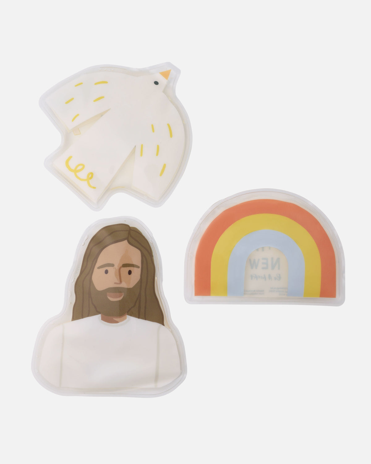 Trinity Hot and Cold Gel Packs for kids in Jesus, Holy Spirit dove and rainbow shapes